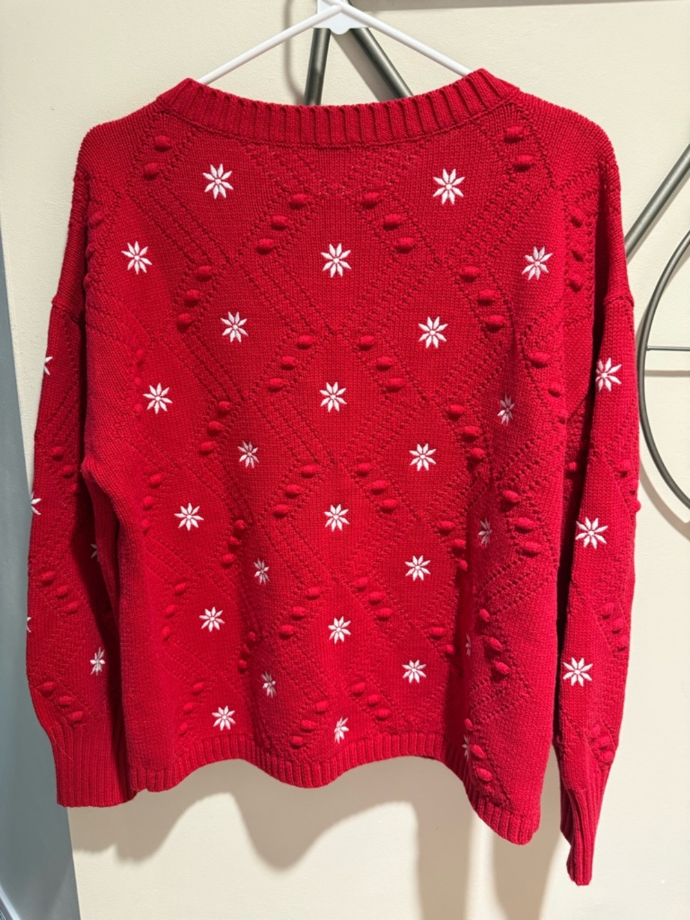 Talbots Red Bobble Knit Cardigan with White Star Motifs Size L Cotton Blend - Picture 4 of 5